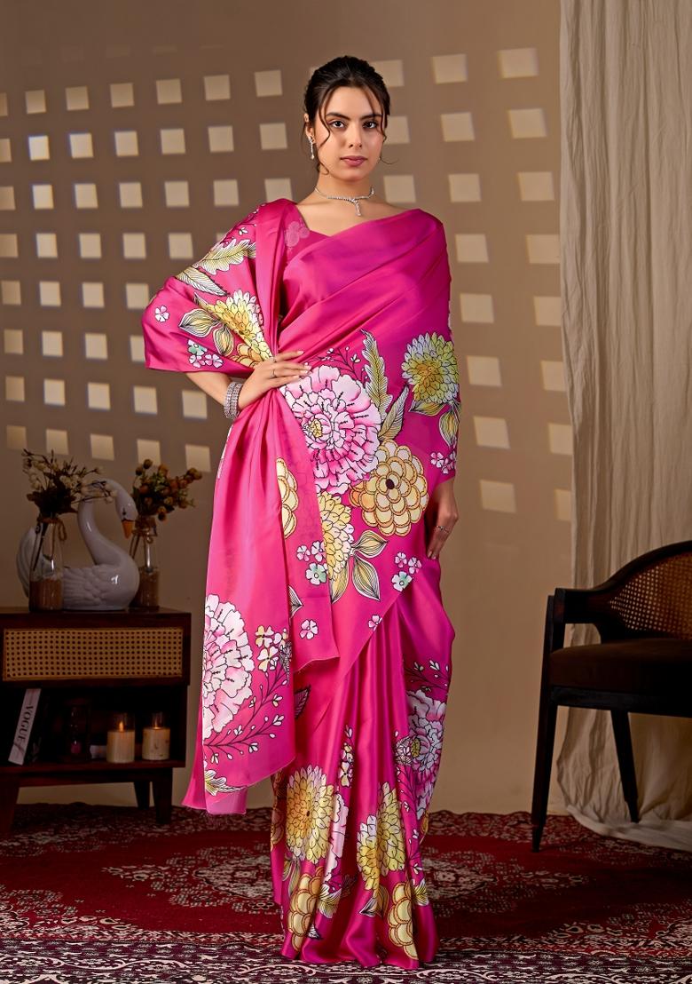 Magenta Floral Print Satin Saree Set - Indya