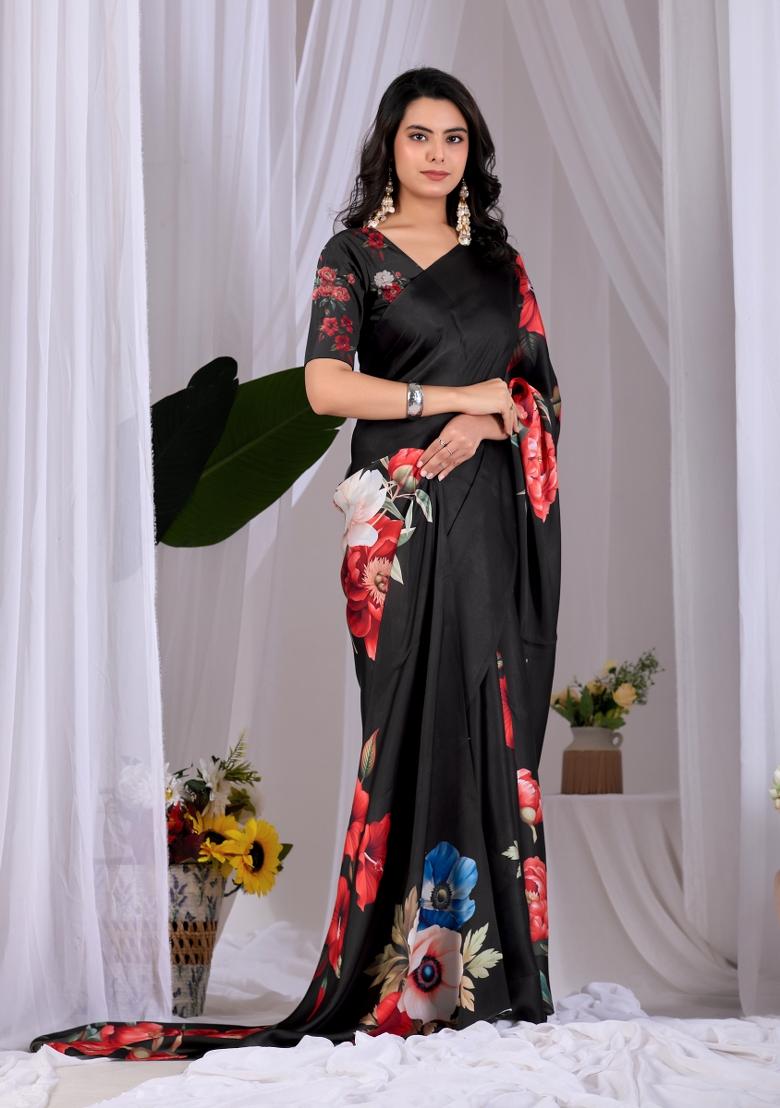 Black Printed Georgette Saree Set - Indya