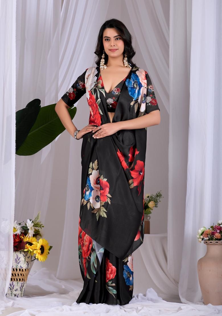 Black Printed Georgette Saree Set - Indya