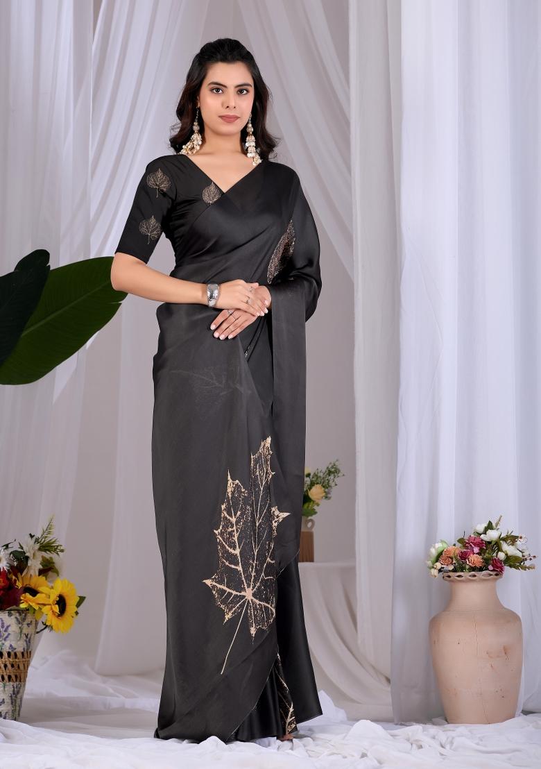 Black Printed Georgette Saree Set - Indya