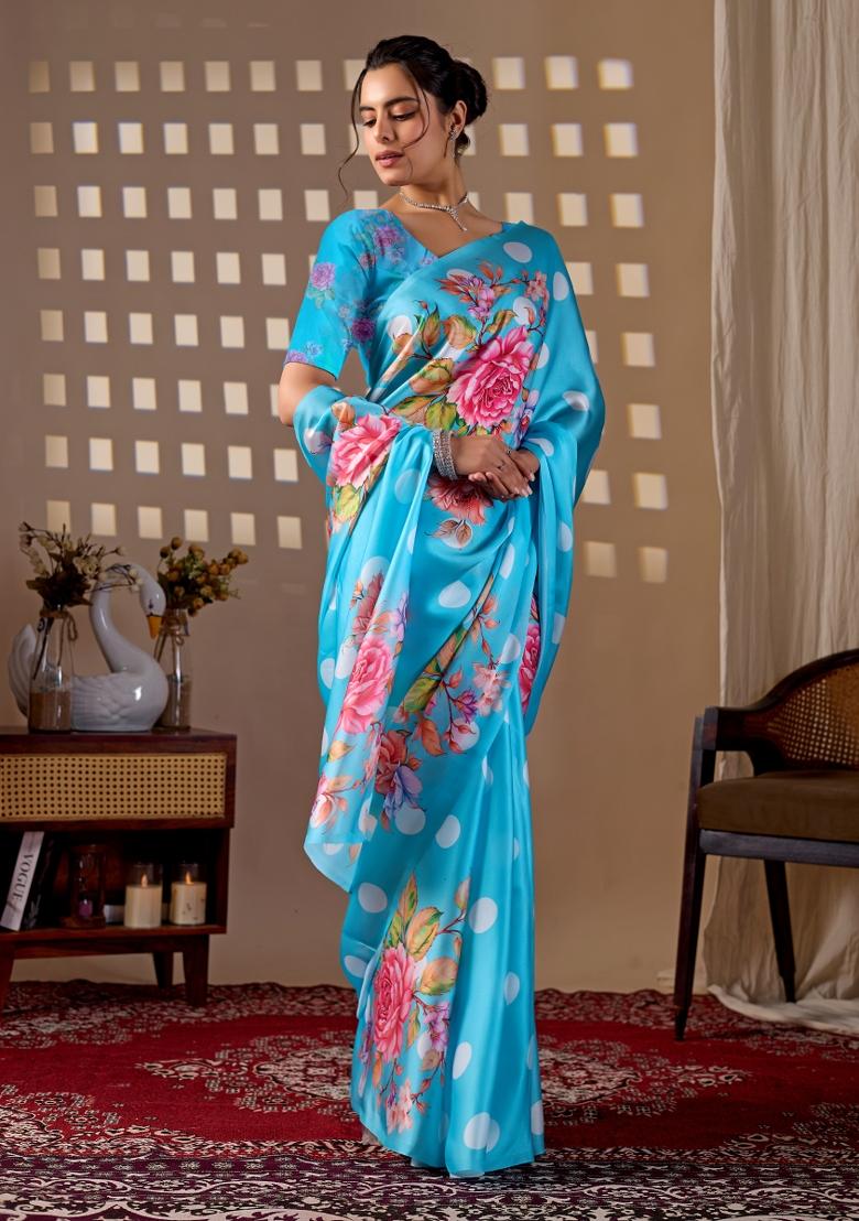 Sky Blue Printed Georgette Saree Set - Indya