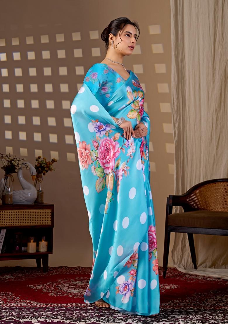 Sky Blue Printed Georgette Saree Set - Indya