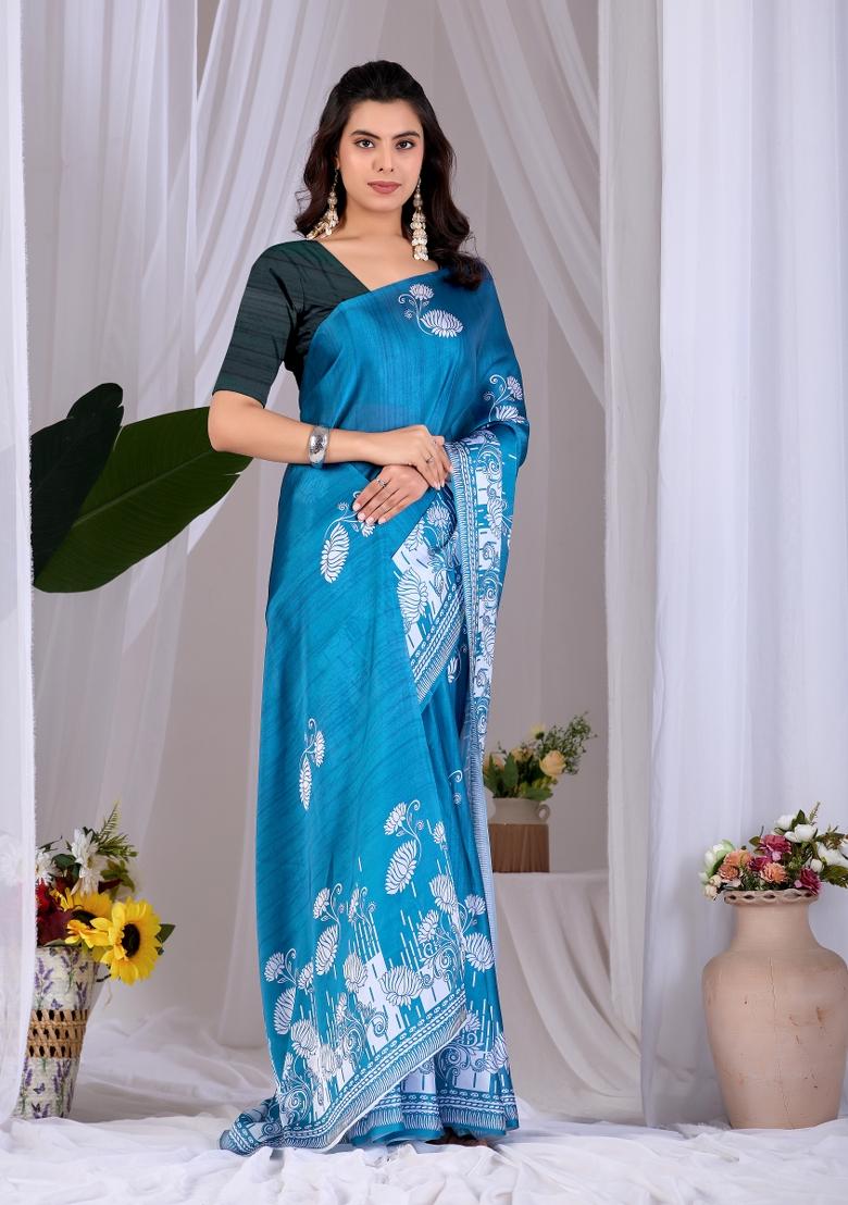 Teal Blue Printed Georgette Saree Set - Indya