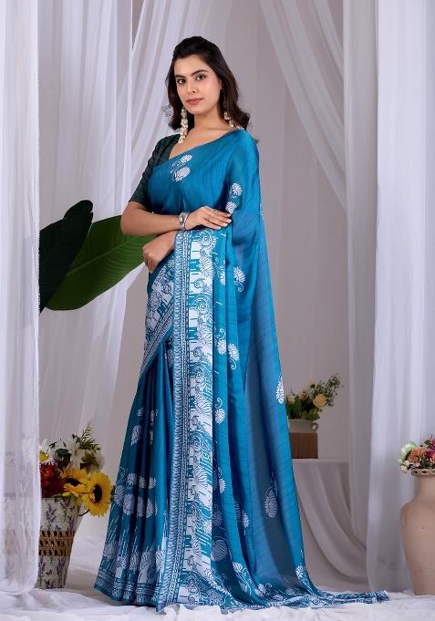 Teal Blue Printed Georgette Saree Set