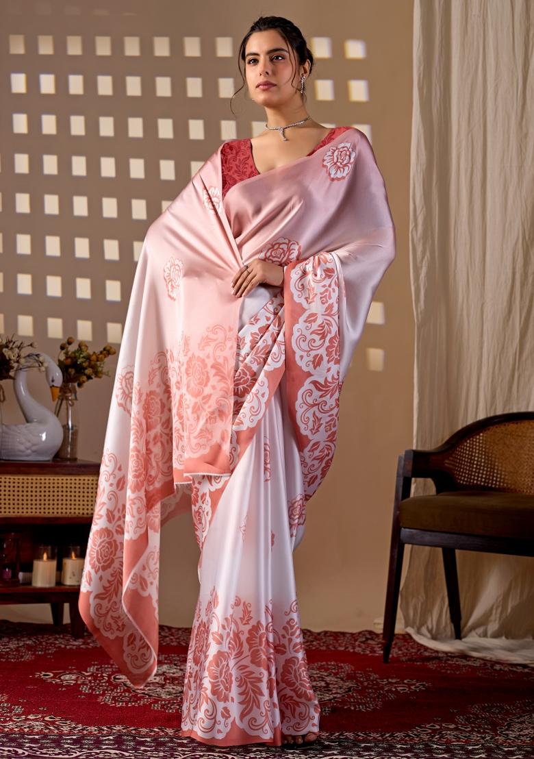 Peach Printed Georgette Saree Set - Indya