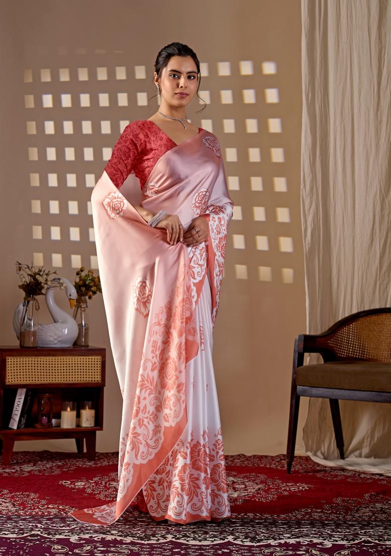 Peach Printed Georgette Saree Set - Indya