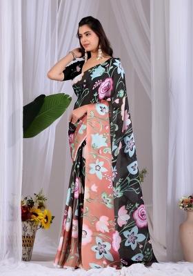 Black Printed Georgette Saree Set