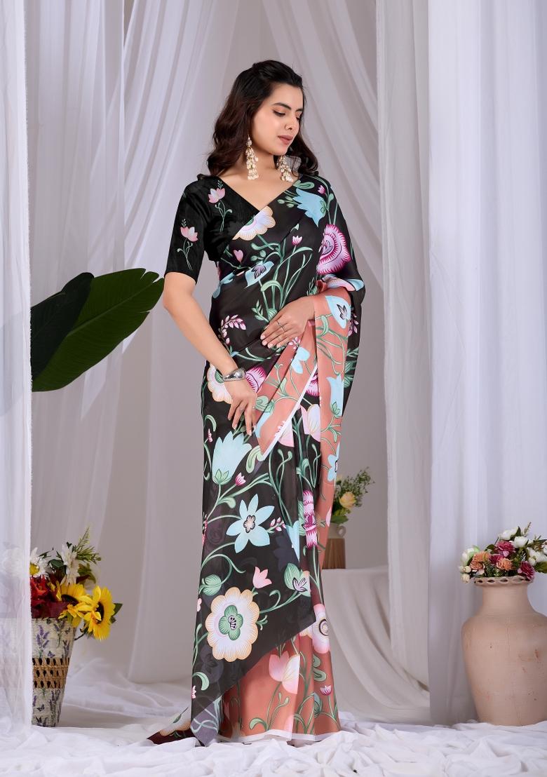 Black Printed Georgette Saree Set - Indya