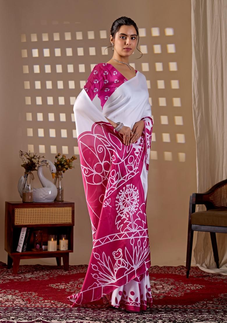 White Printed Georgette Saree Set - Indya