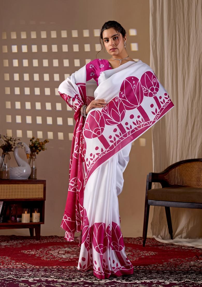 White Printed Georgette Saree Set - Indya