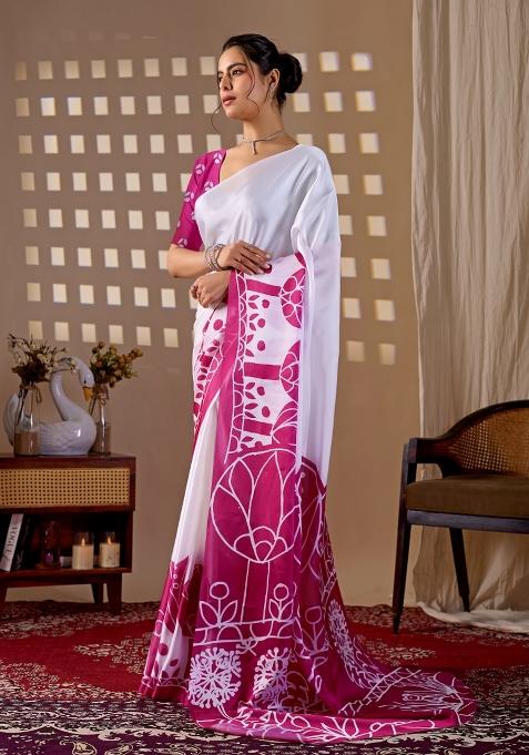 White Printed Georgette Saree Set — view on Indya