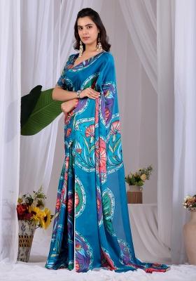 Teal Printed Georgette Saree Set