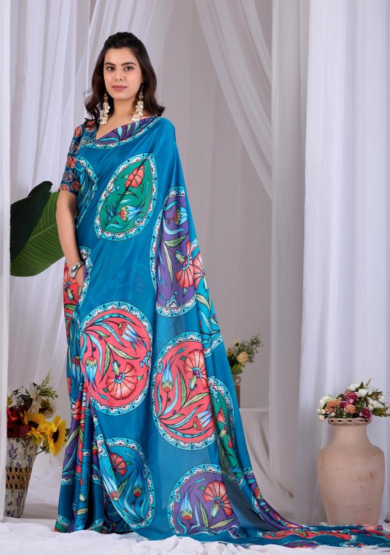 Teal Printed Georgette Saree Set - Indya