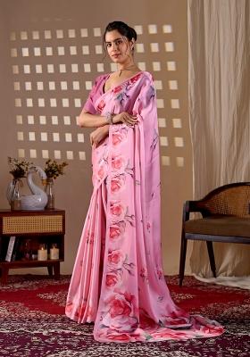 Pink Printed Georgette Saree Set