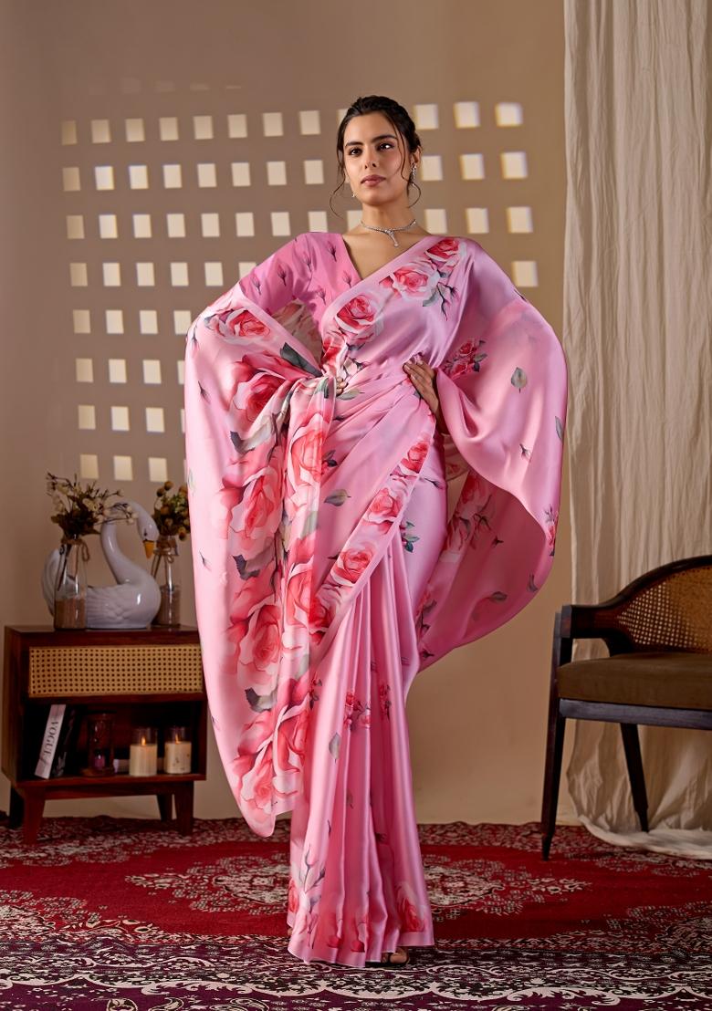 Pink Printed Georgette Saree Set - Indya