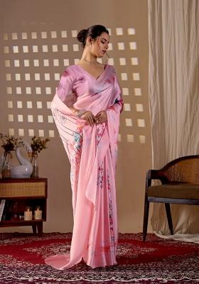 Pink Printed Georgette Saree Set