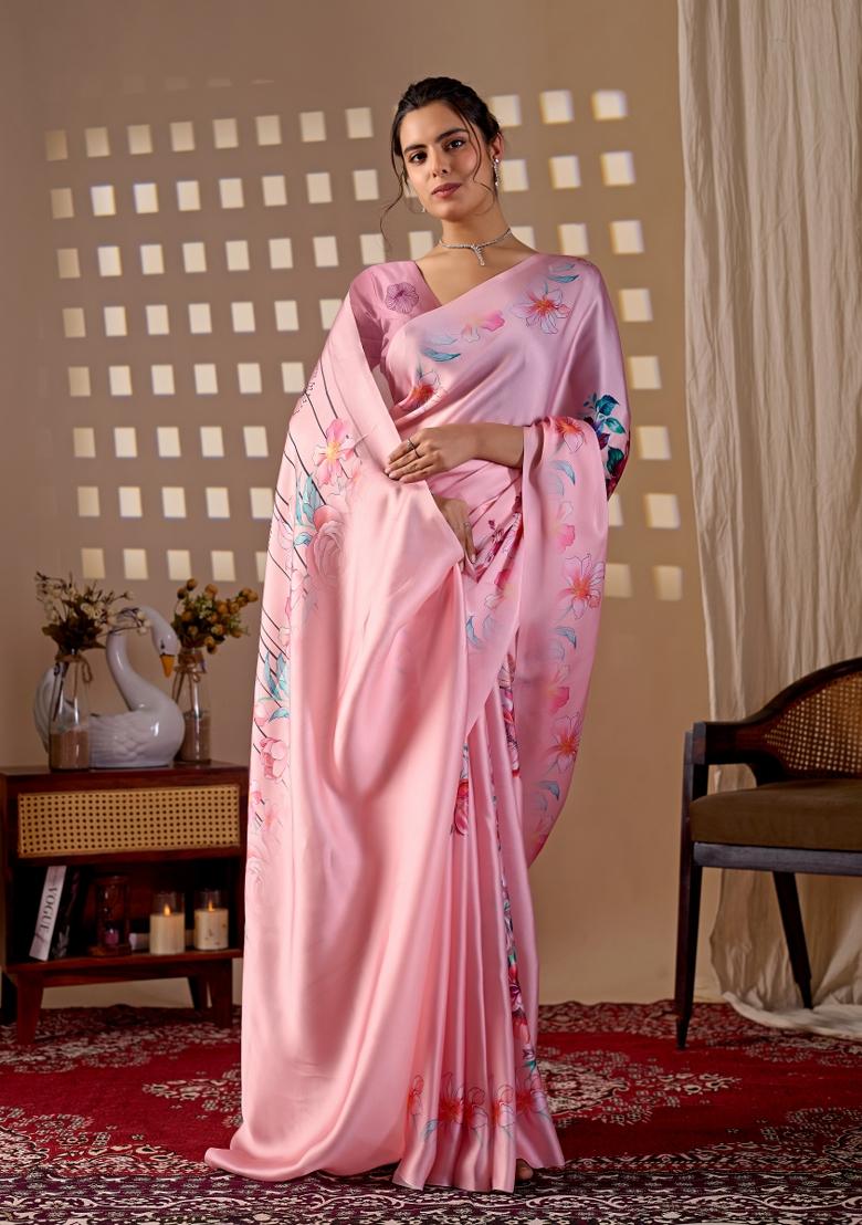 Pink Printed Georgette Saree Set - Indya