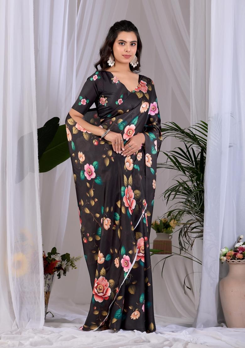 Black Printed Georgette Saree Set - Indya
