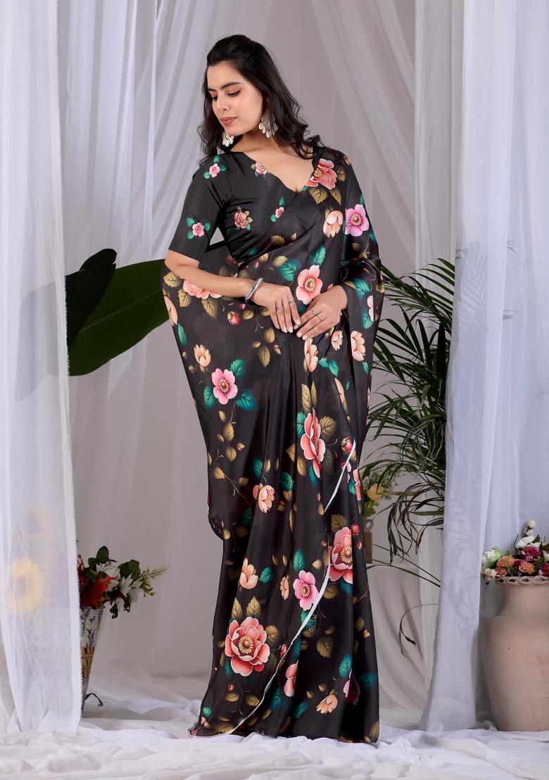 Black Printed Georgette Saree Set - Indya