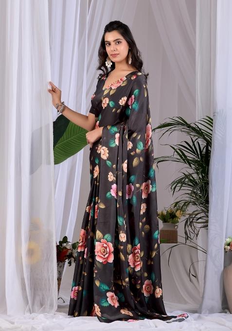 Black Printed Georgette Saree Set