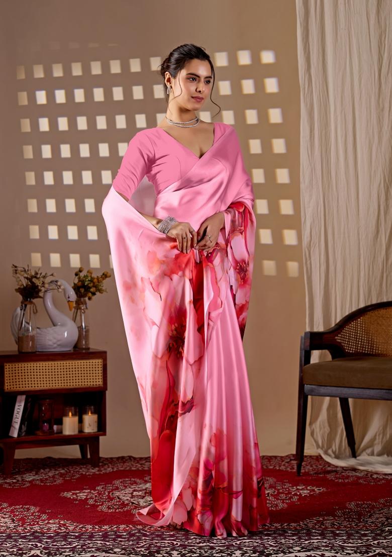 Pink Printed Georgette Saree Set - Indya