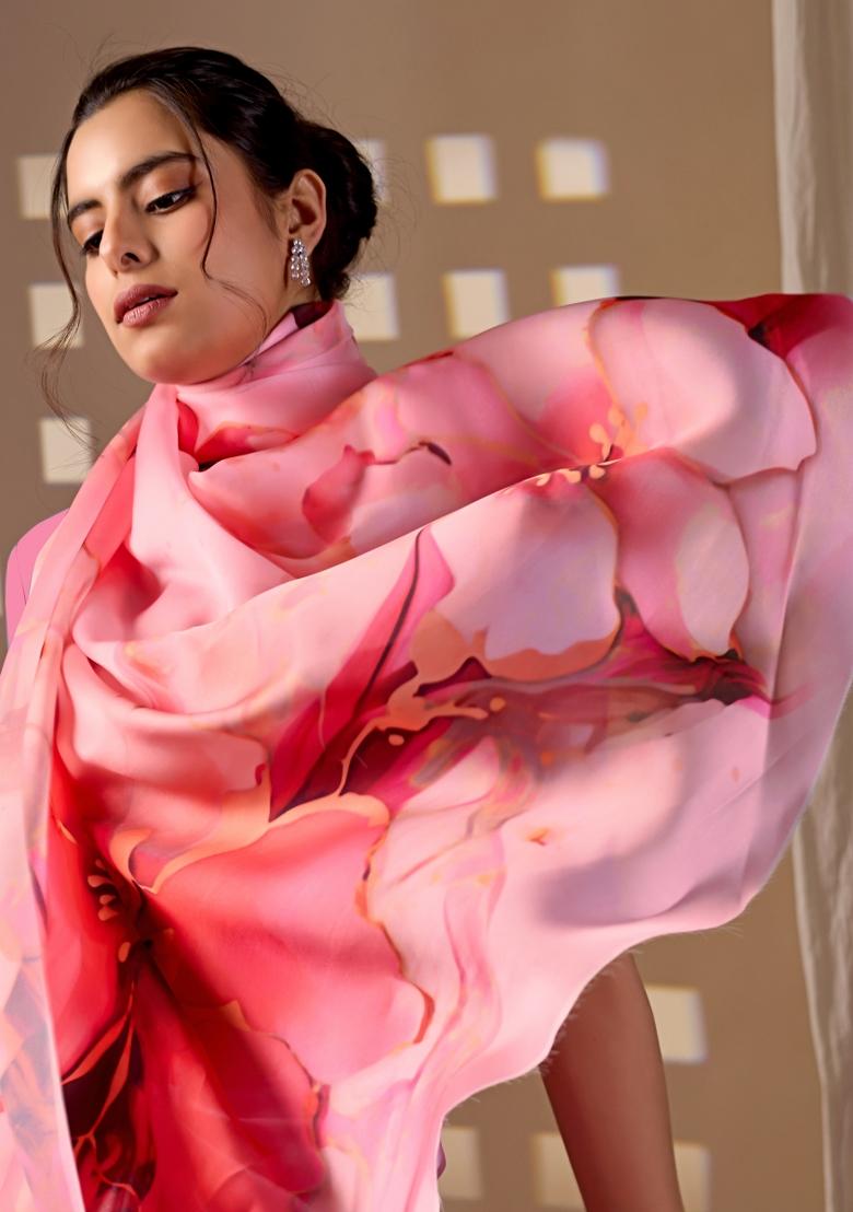 Pink Printed Georgette Saree Set - Indya