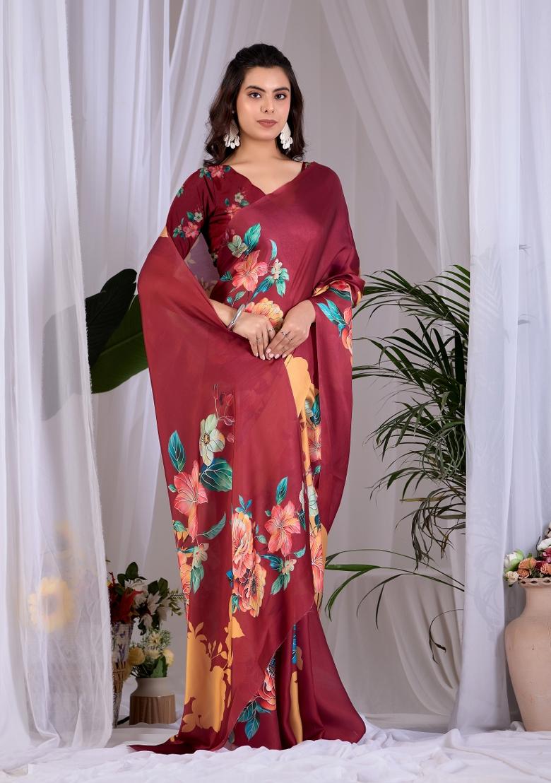 Maroon Printed Georgette Saree Set - Indya