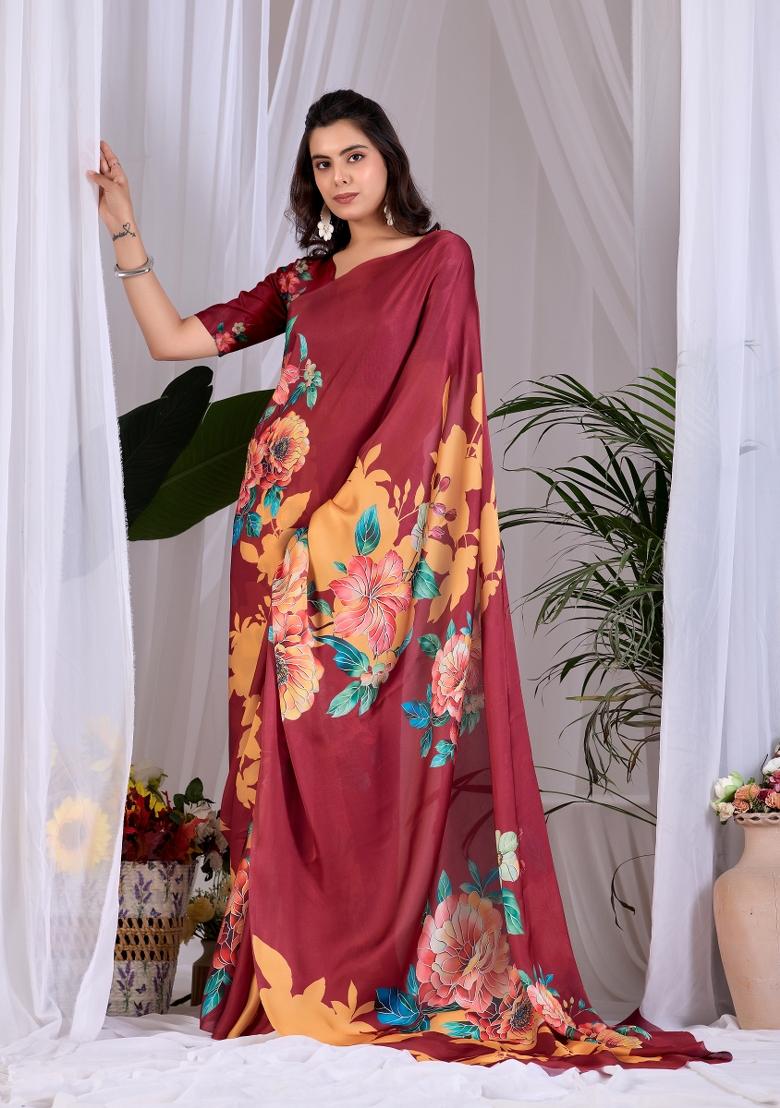 Maroon Printed Georgette Saree Set - Indya