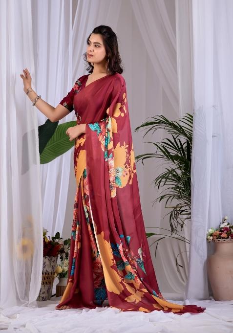 Maroon Printed Georgette Saree Set — view on Indya