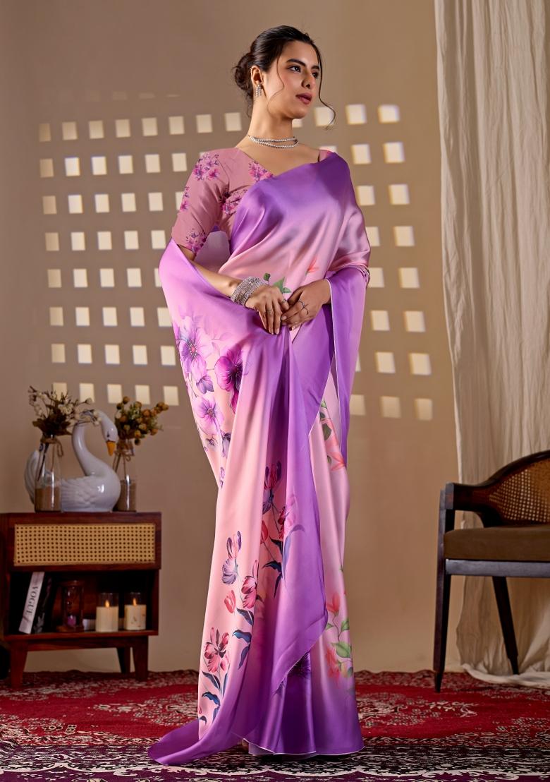 Purple Printed Georgette Saree Set - Indya