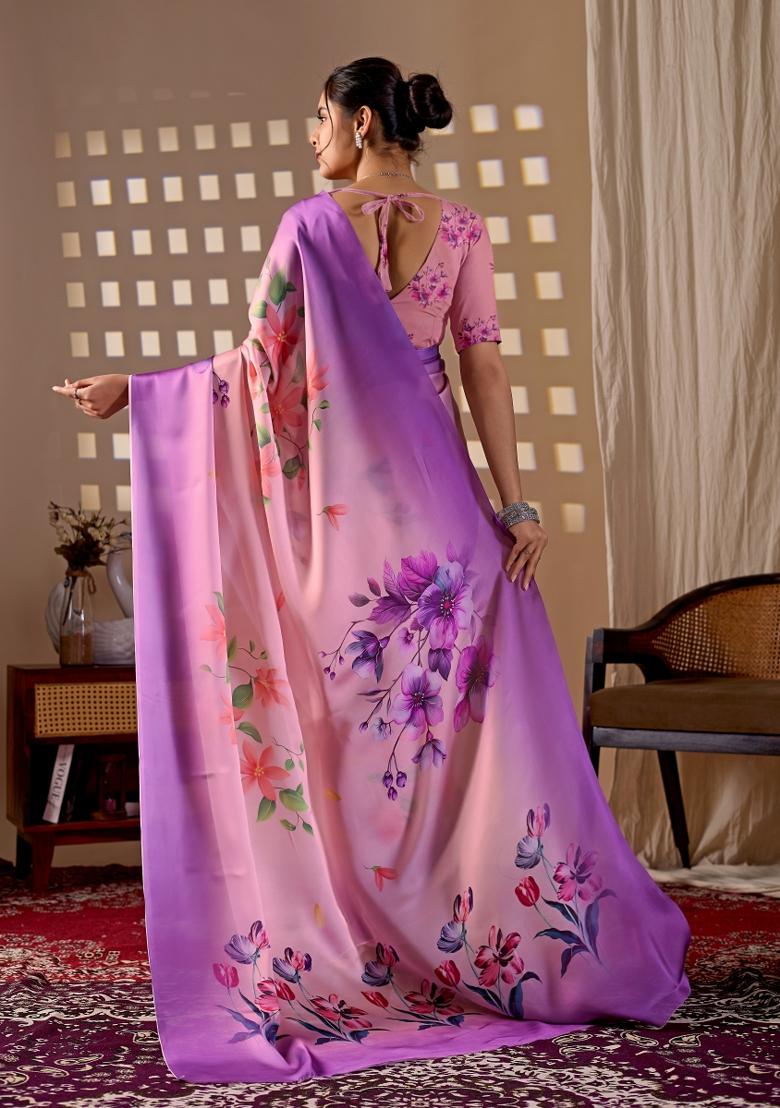 Purple Printed Georgette Saree Set - Indya