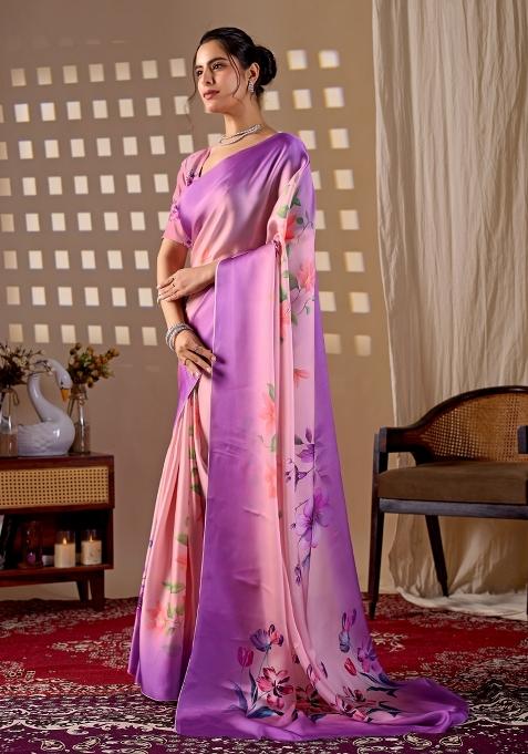 Purple Printed Georgette Saree Set — view on Indya