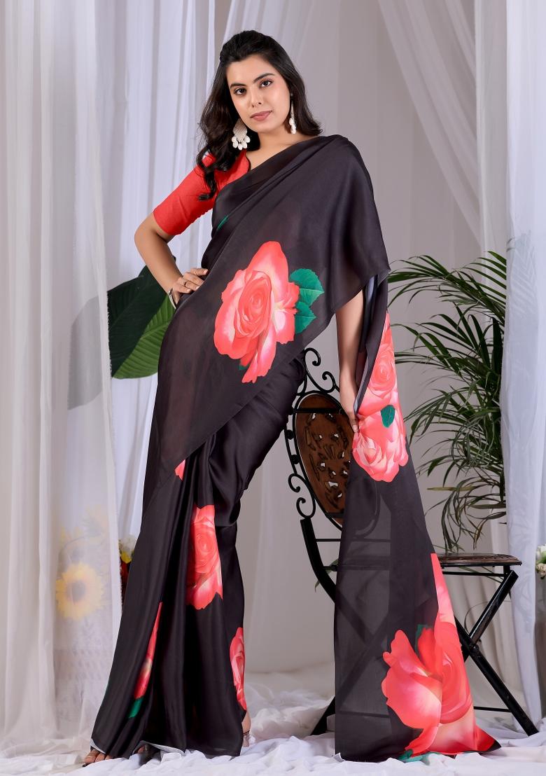 Black Printed Georgette Saree Set - Indya