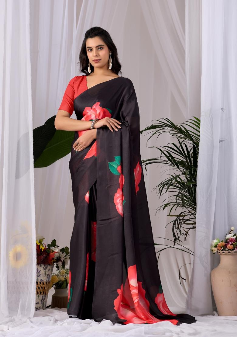 Black Printed Georgette Saree Set - Indya