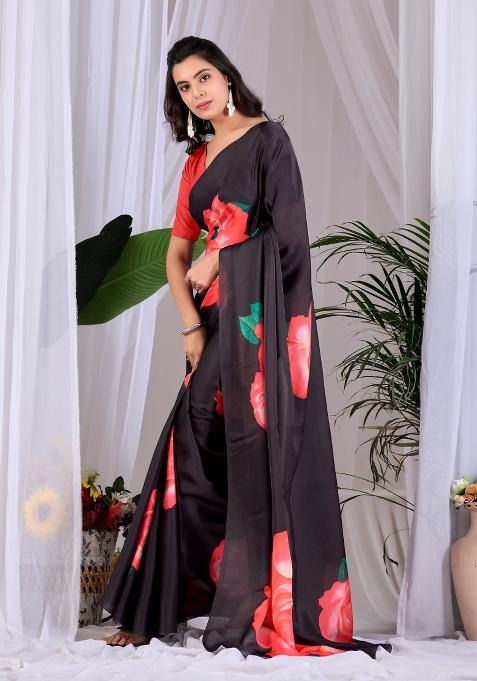 Black Printed Georgette Saree Set — view on Indya