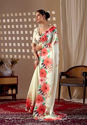 Cream Printed Georgette Saree Set