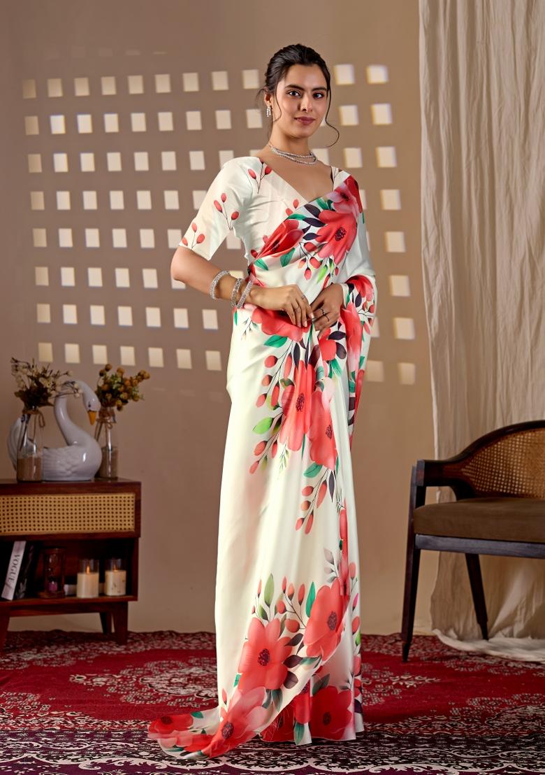 Cream Printed Georgette Saree Set - Indya