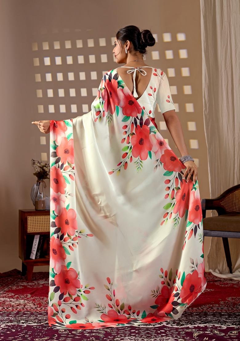 Cream Printed Georgette Saree Set - Indya
