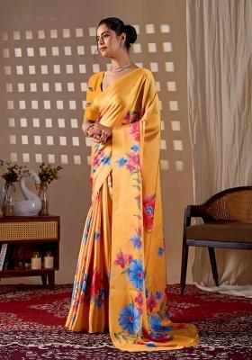 Yellow Printed Georgette Saree Set