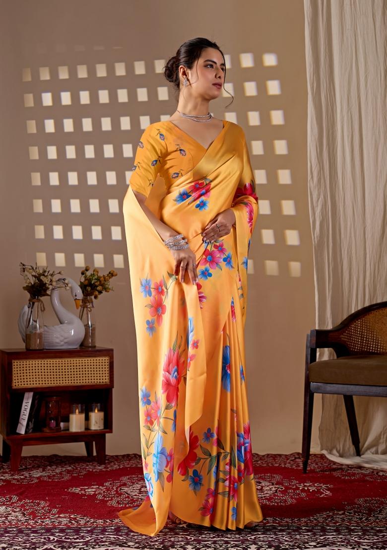 Yellow Printed Georgette Saree Set - Indya