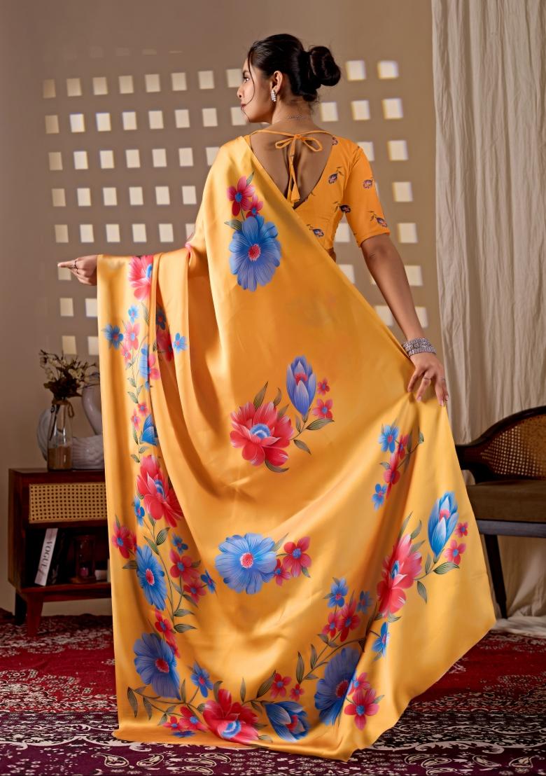 Yellow Printed Georgette Saree Set - Indya