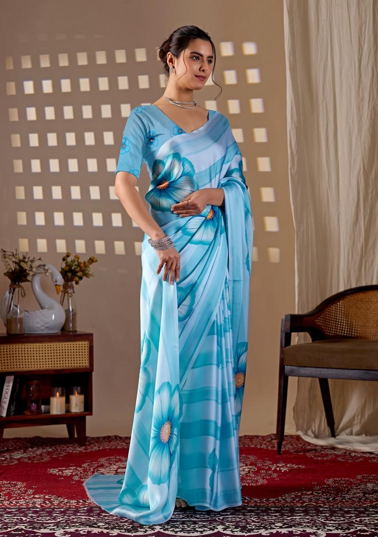 Sky Blue Printed Georgette Saree Set - Indya