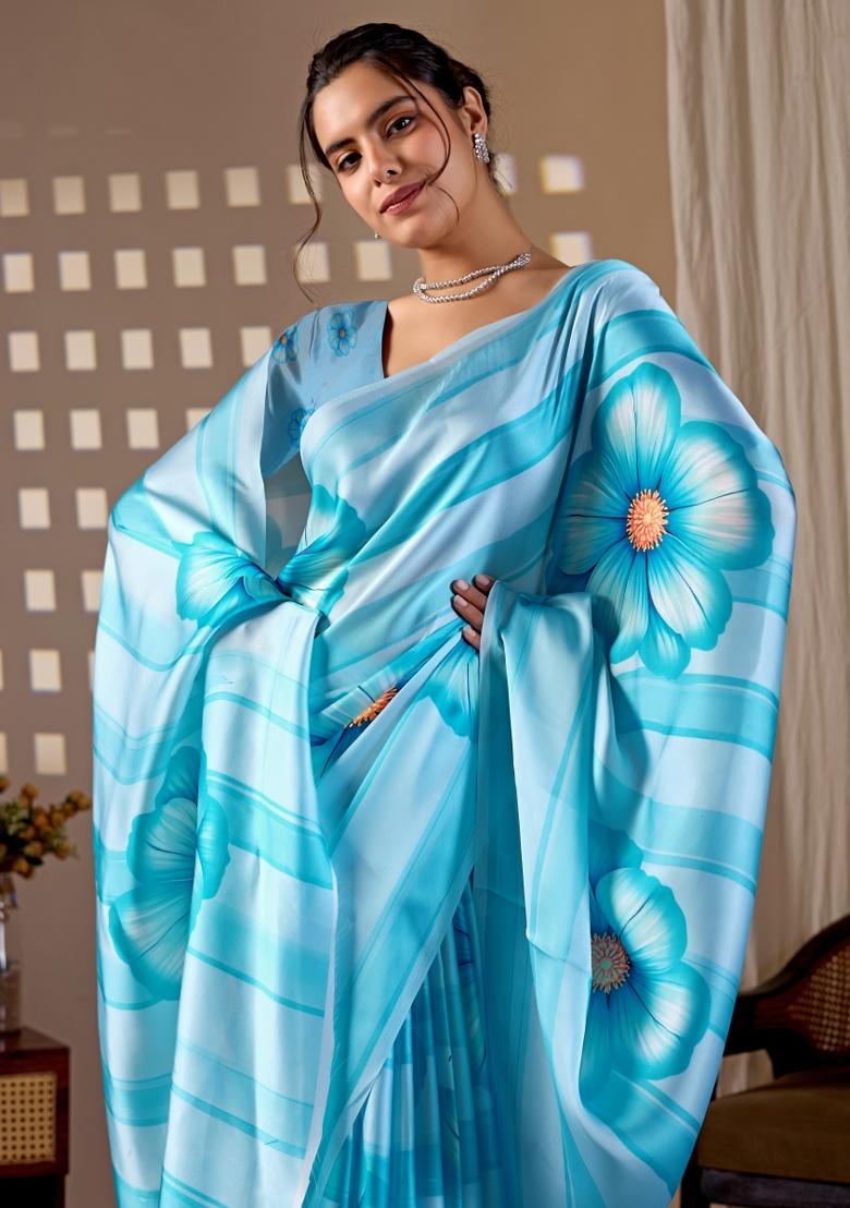 Sky Blue Printed Georgette Saree Set - Indya