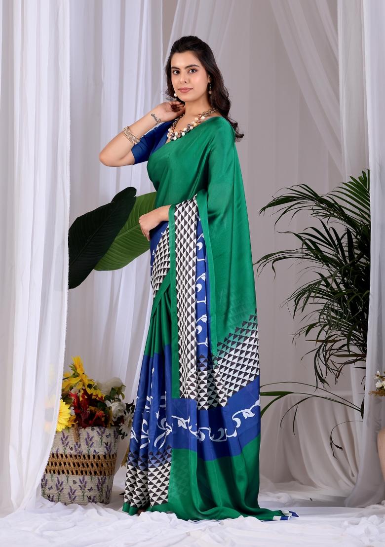 Green Printed Georgette Saree Set - Indya