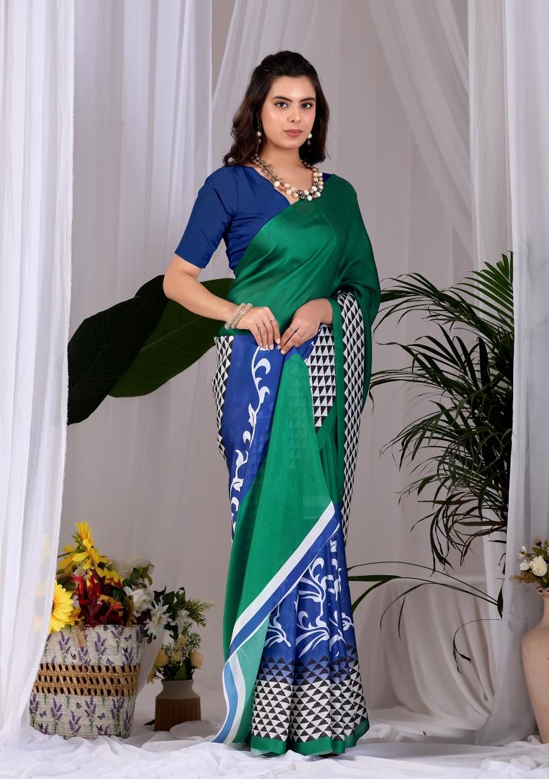 Green Printed Georgette Saree Set - Indya