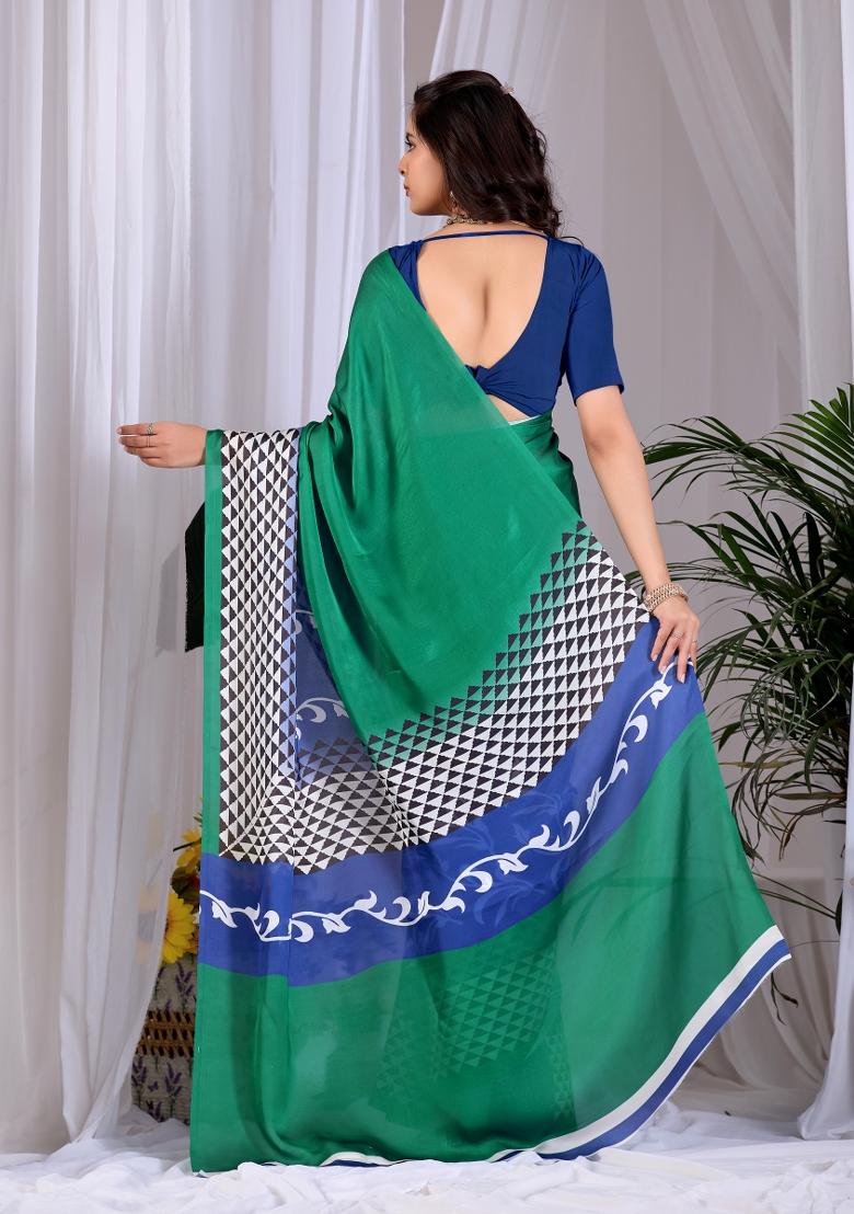 Green Printed Georgette Saree Set - Indya
