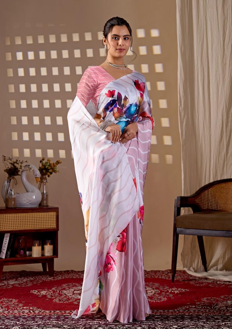 Peach Printed Georgette Saree Set - Indya