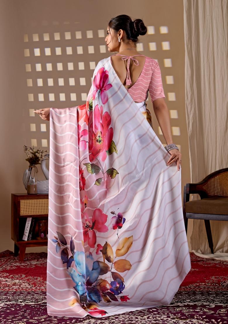 Peach Printed Georgette Saree Set - Indya