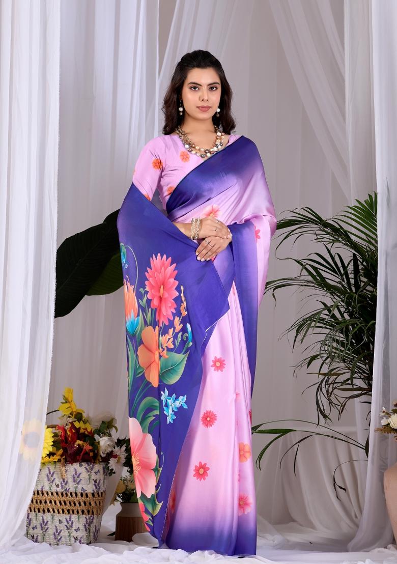 Pink Printed Georgette Saree Set - Indya