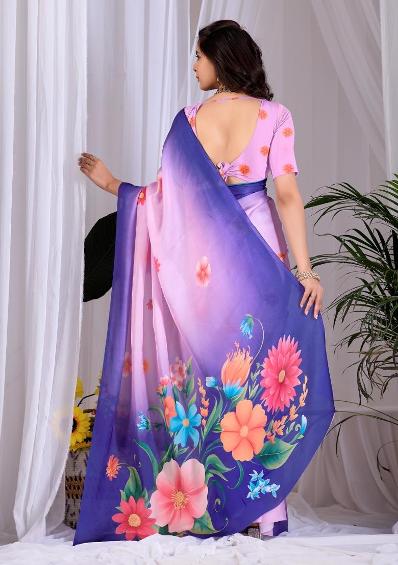 Pink Printed Georgette Saree Set - Indya